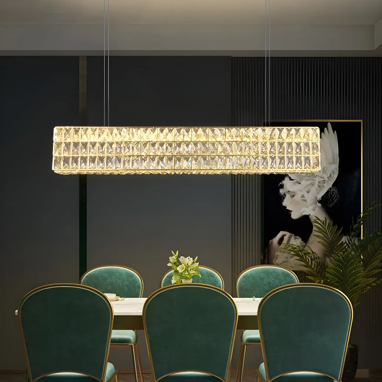 Modern Crystal Steel Rectangular Island Light