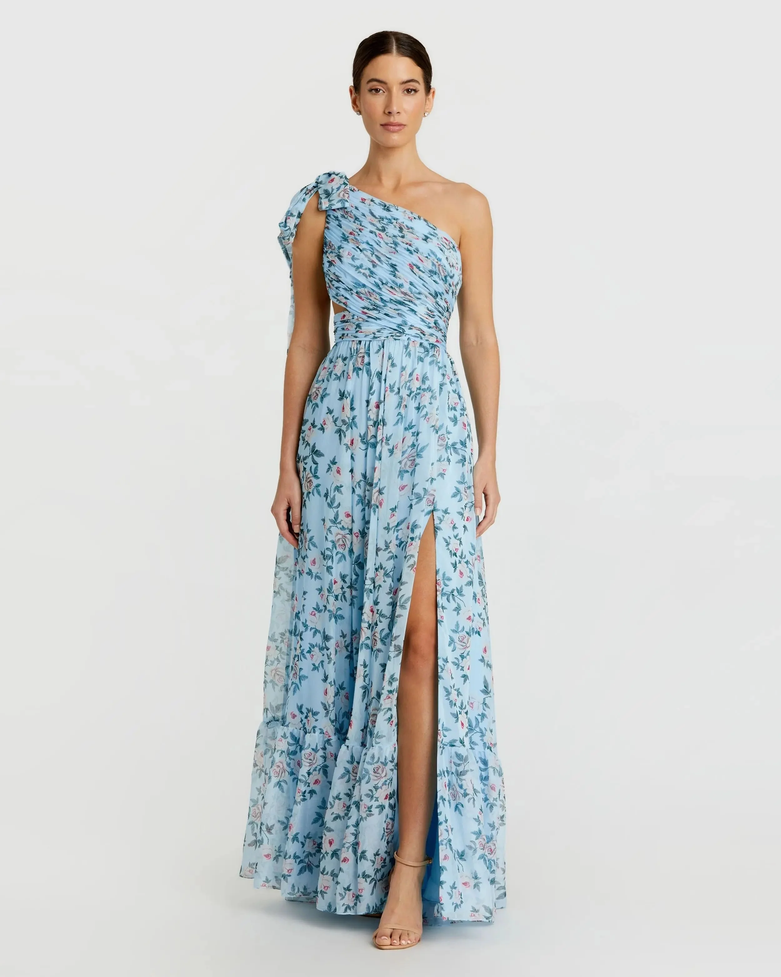 Blue Floral Chiffon One Shoulder Gown