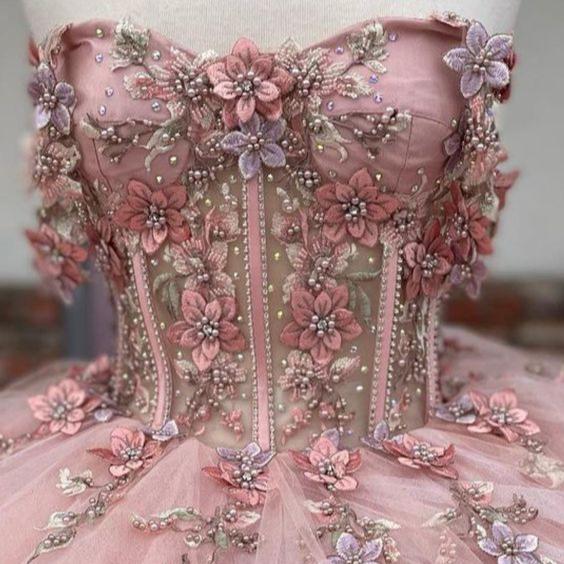 Pink Tulle Appliques Off The Shoulder Quinceanera Dresses