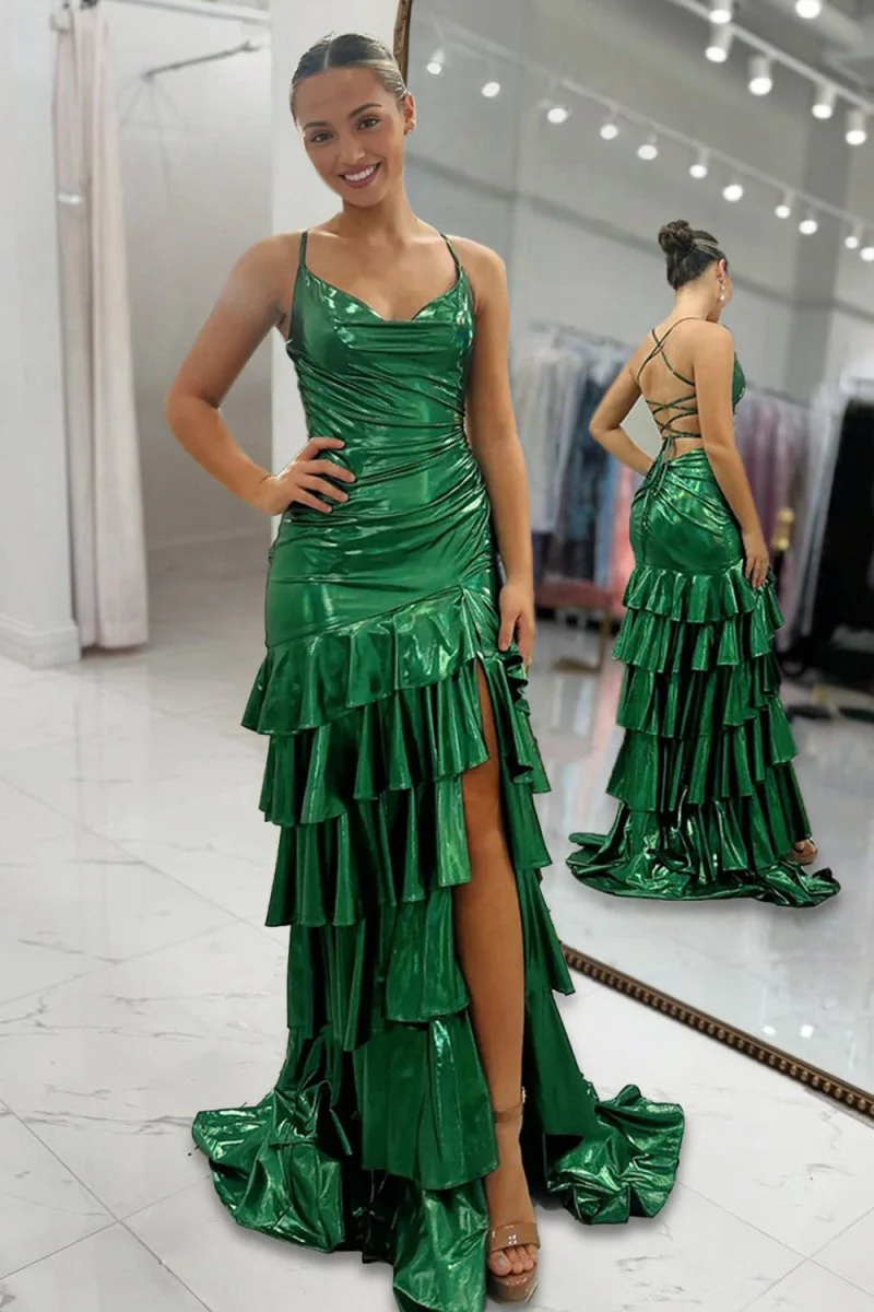 Dark Green Spaghetti Straps Mermaid Metallic Ruffled Prom Dresses With Slit