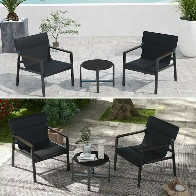 Mesh Sling Armchairs, Conversation Set with Side Table, Aluminum Frame (Set of 3)