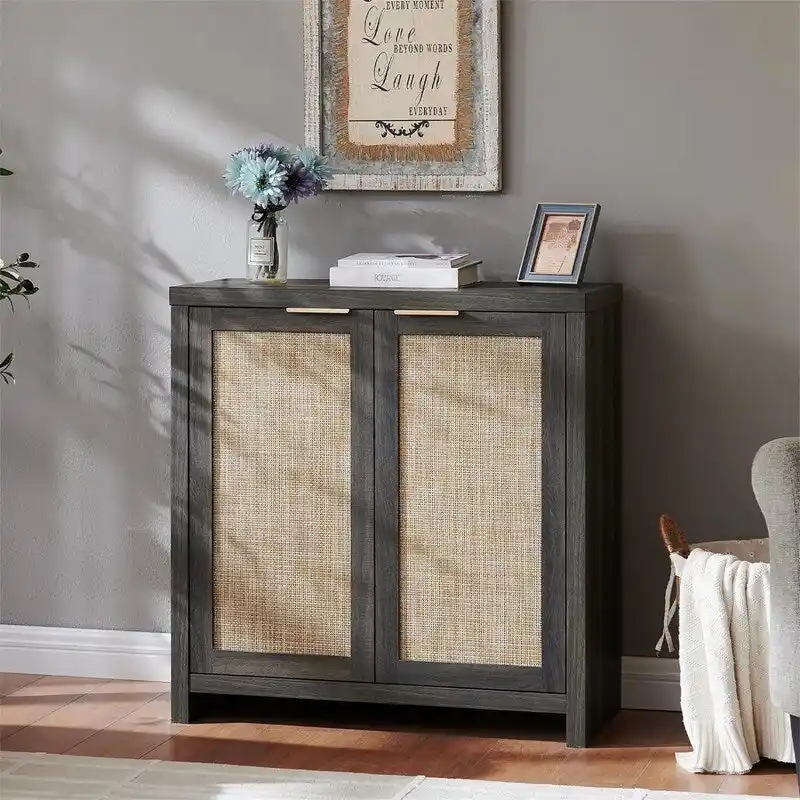 Storage Cabinet Sideboard with Rattan Doors - 13.7D x 314W x 32.7H