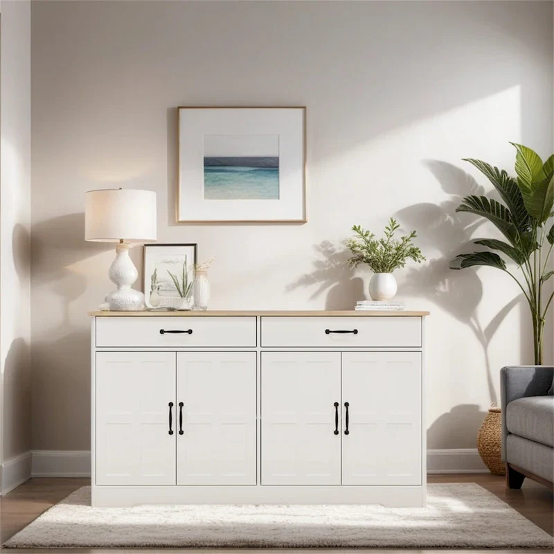 White Farmhouse Buffet Sideboard Cabinet with 2 Drawers & 4 Doors – Single