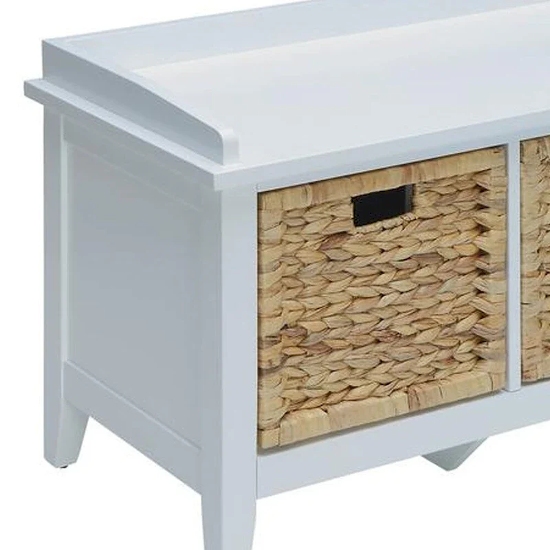 White Wooden Bench with 3 Rattan Baskets