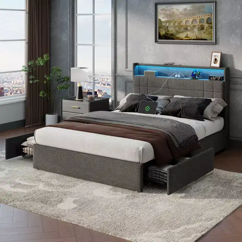 Gray Full Size Upholstered Bed Frame 4 Storage Drawers LED Lights Charging Station Headboard Heavy Duty Platform No Box Spring Needed