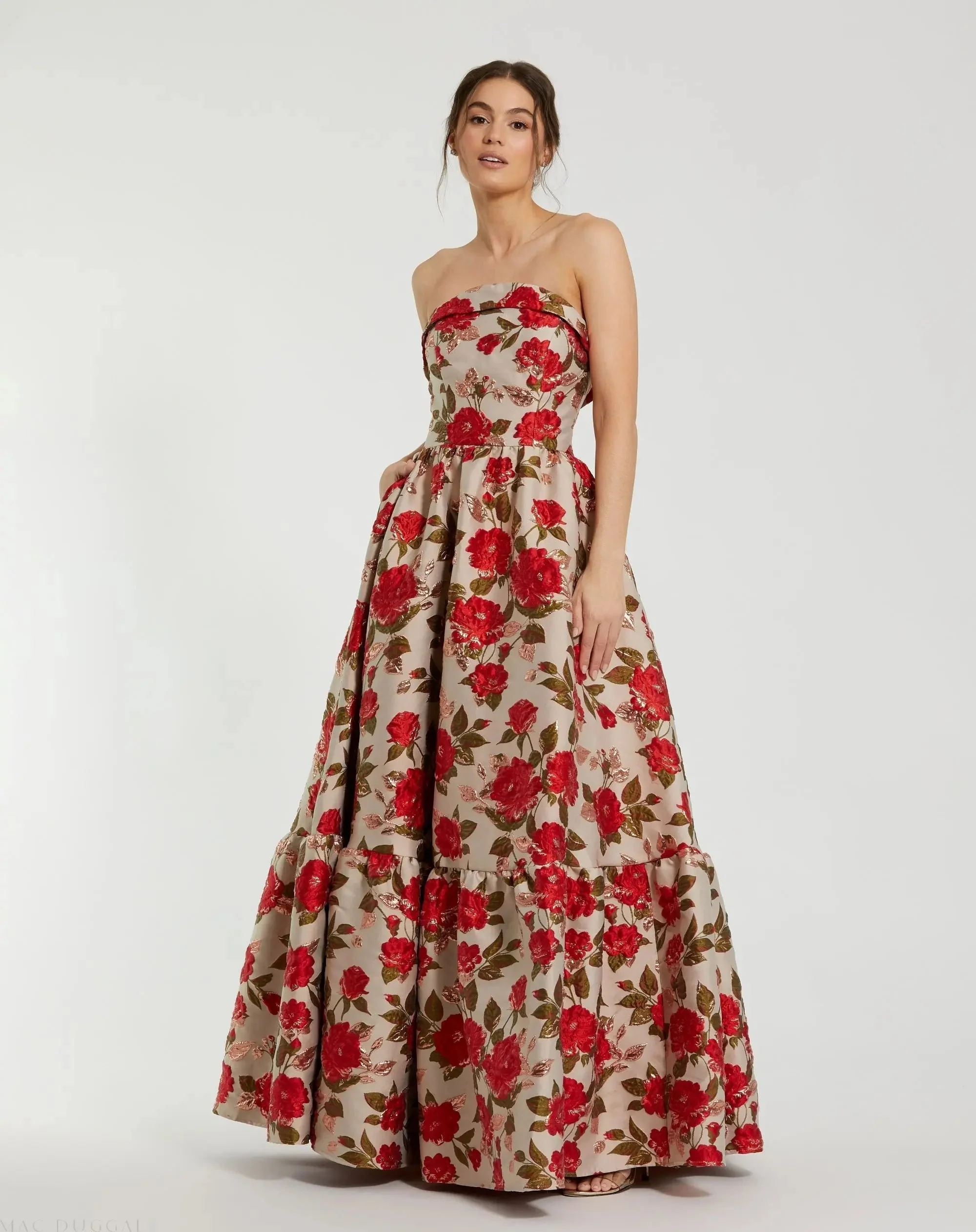 Multicolor Brocade Strapless Floral Gown With Ruffle Hem