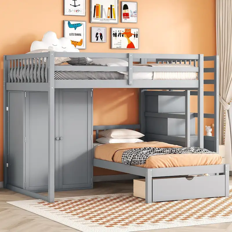 Grey / White Full Over Twin Bunk Bed with Wardrobe & Staircase Storage, 2-Person