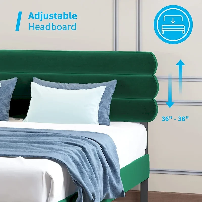 Fabric Padded Bedroom Furniture,Upholstered Bed Frame with Velvet Tufted Headboard