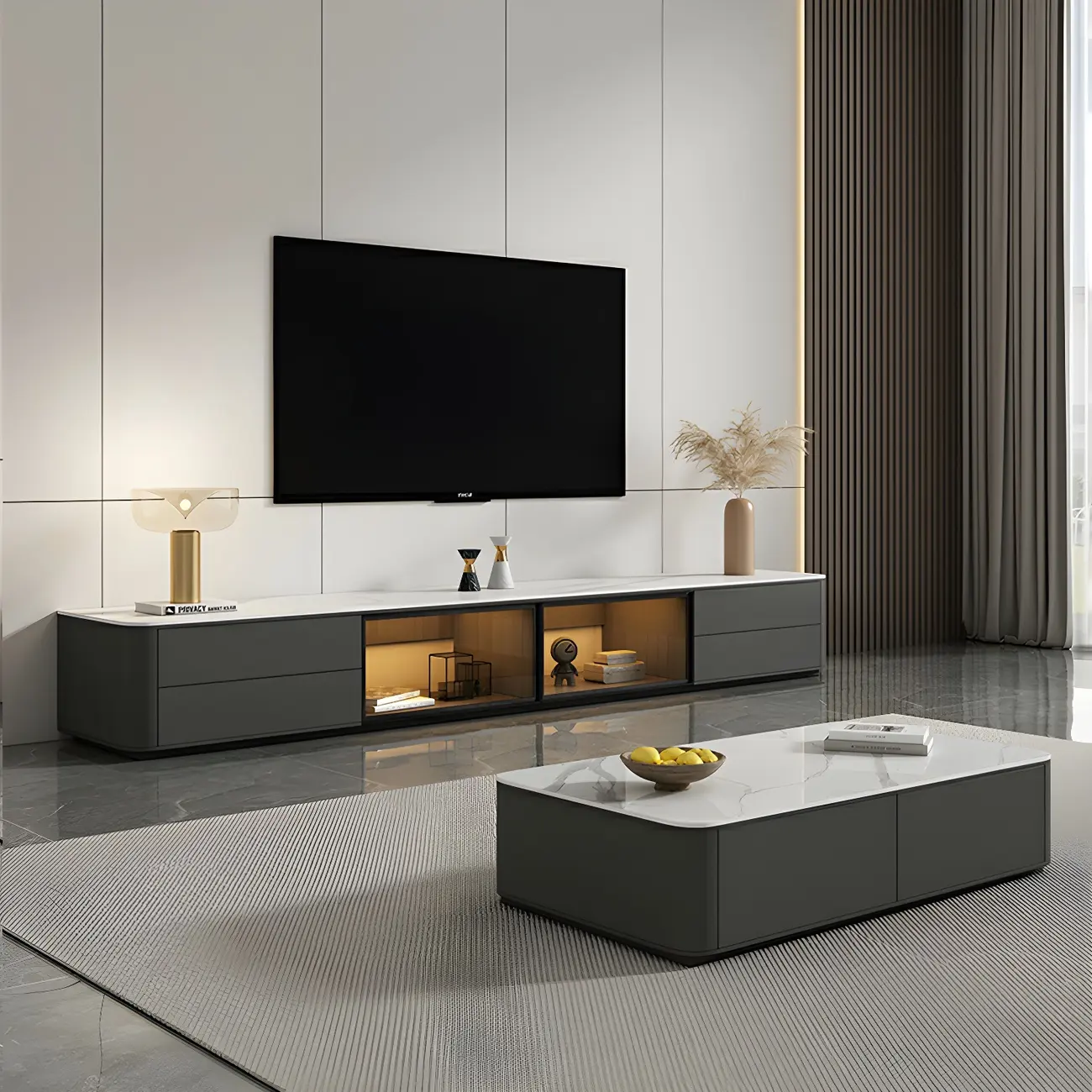 Living Room Grey Stone Long TV Stand with Drawers & Cabinet