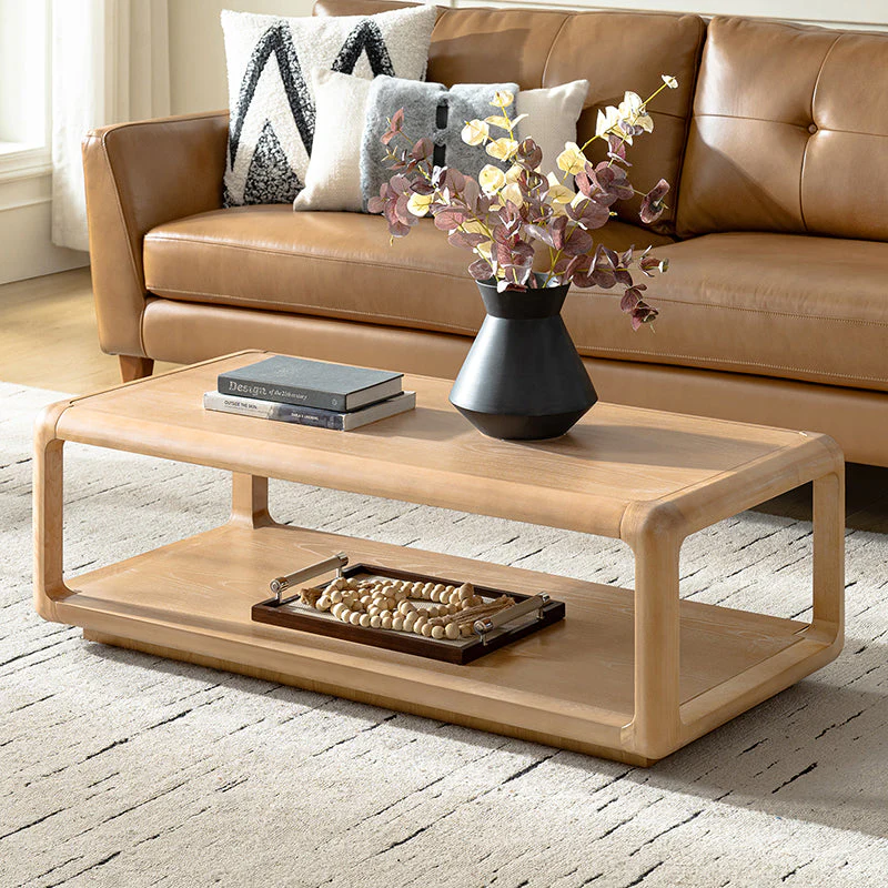 Solid Wood Coffee Table with Rounded Corners, Open Storage & Open Frame Base | Natural / Oak / Black | Single
