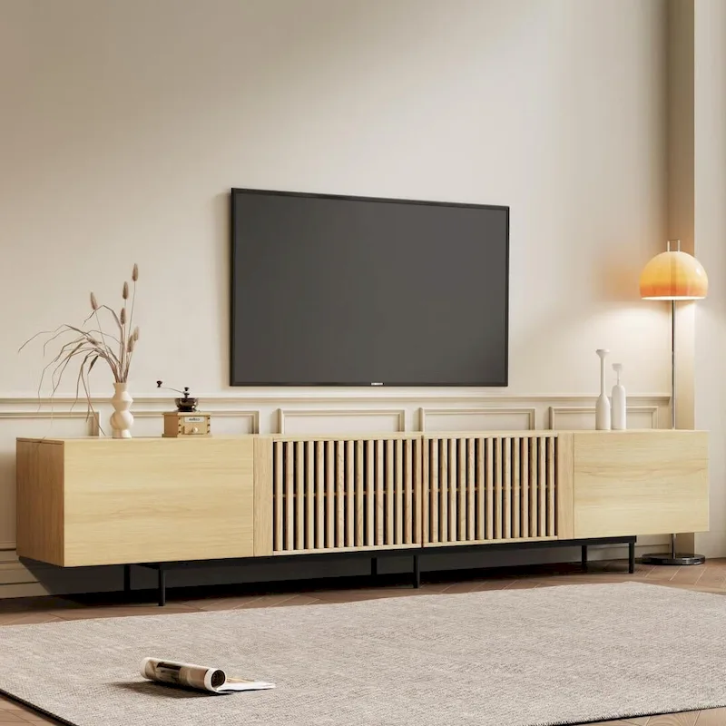 Stylish mid-century modern TV stand for up to 80  TVs. Ample storage for media devices, cable management. easy assembly.