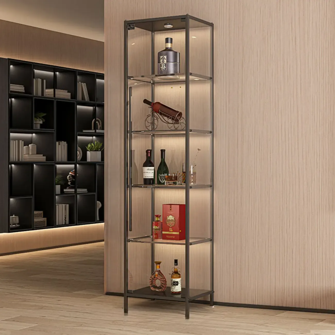 Lighting Metal Shelf Floor Wine Cabinet with Glass Doors