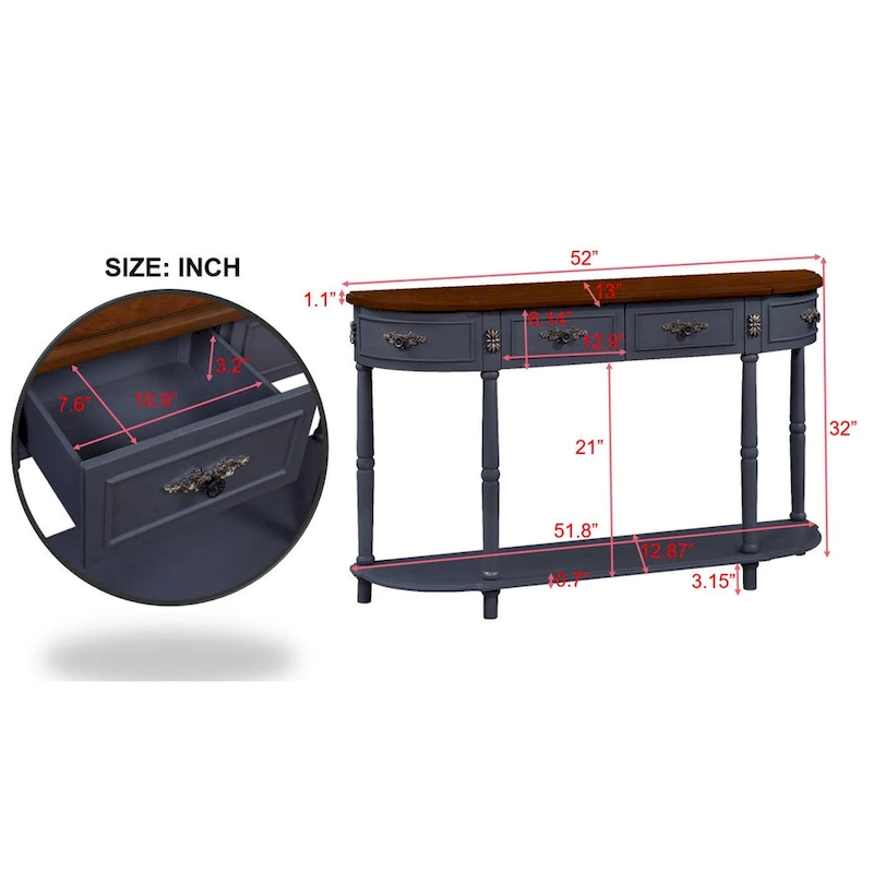 52 inch Circular Half Moon Sofa Table with Open Shelf and 2 Drawers
