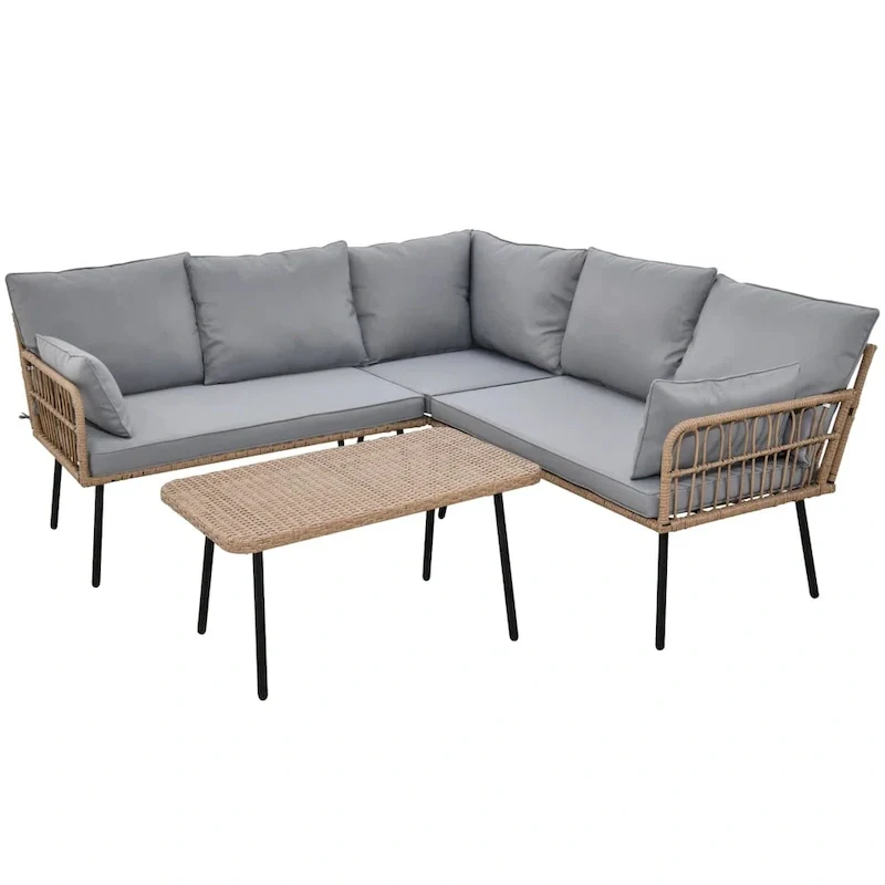 Moasis 4 Pieces Patio Conversation Set,5 Seater Wicker Sectional L-Shaped Sofa with Cushions and Side Table