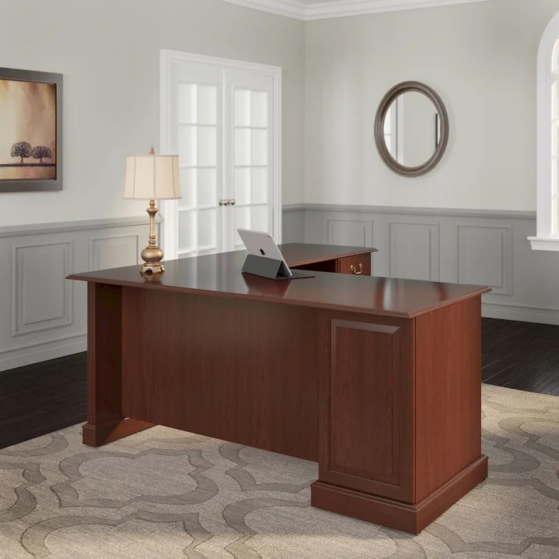 L-Shaped Computer Desk with Drawers, Harvest Cherry / Modern Gray / Linen White Oak, 1-Person