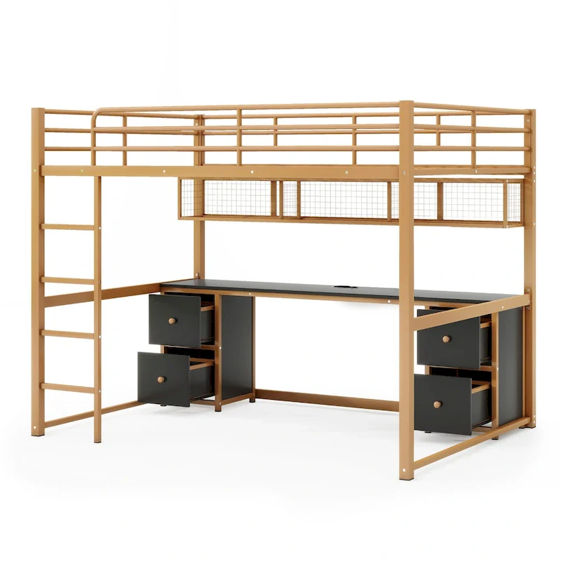 Gold+Black Full Metal Loft Bed with Desk, Drawers & Charging Station