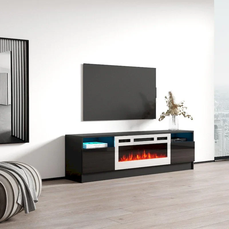 63 Inch TV Stand with Electric Fireplace Insert and LED Lighting