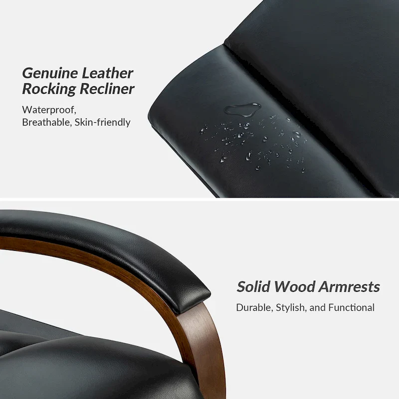 Leopold Modern Genuine Leather Swivel Rocking Manual Recliner Chair with Wooden Arm Accents by HULALA HOME
