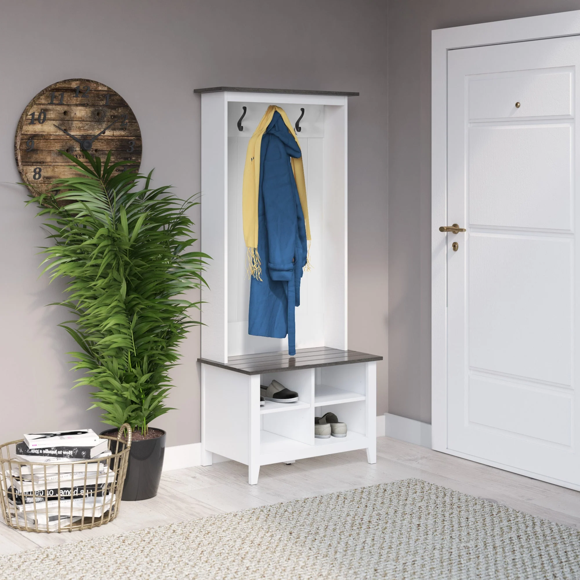 Farmhouse Two Tone Entryway Hall Tree with Storage Bench