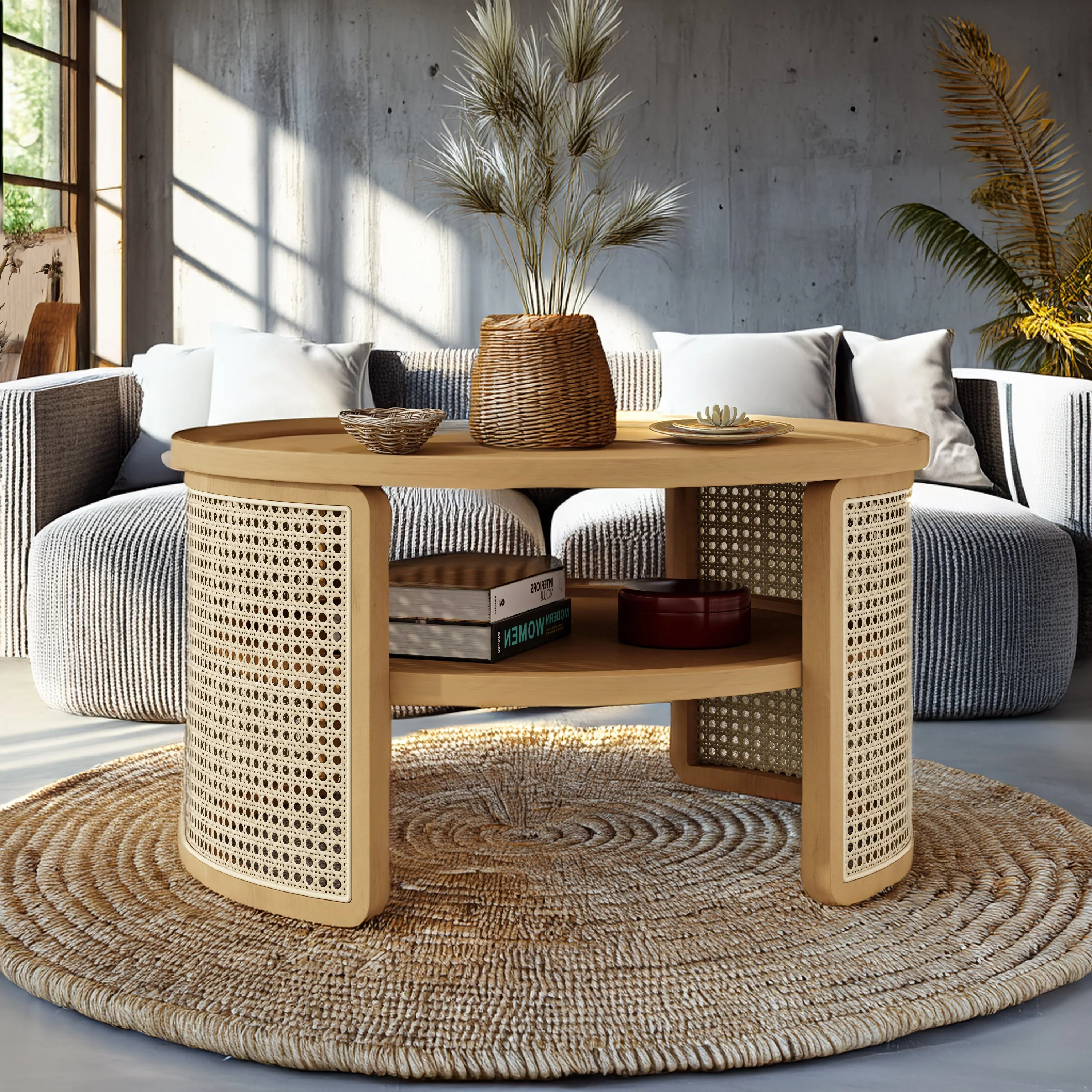 Walker Edison | Tiered Round Rattan Coffee Table with Storage