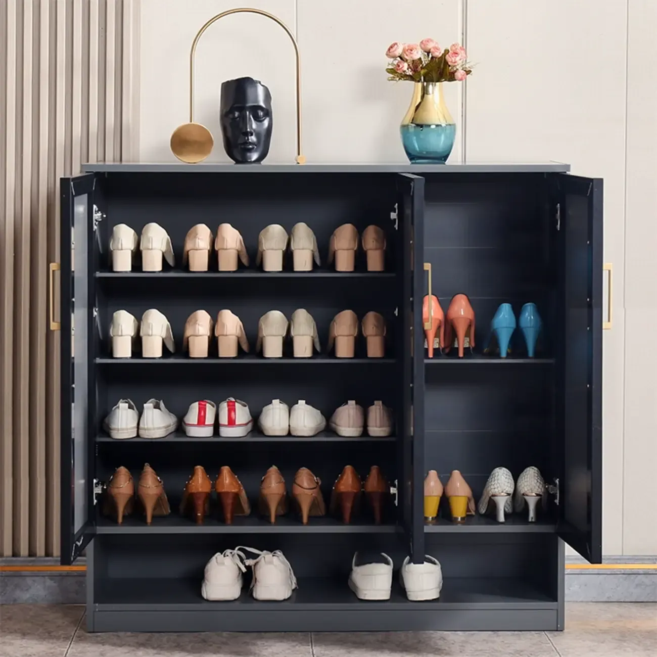 Metal Grey Shoe Cabinet with Open Bottom Shelf