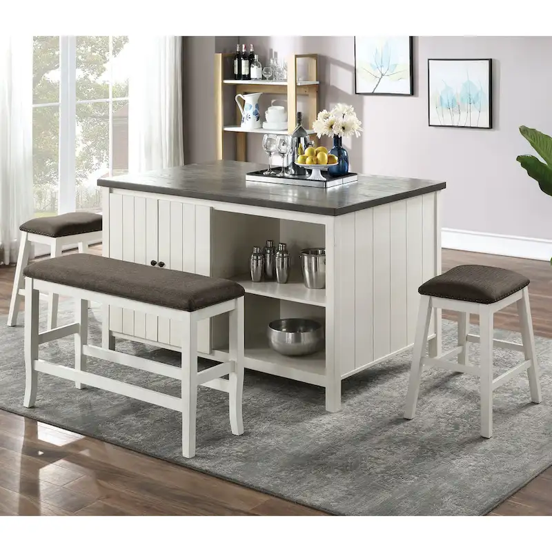 Furniture of America Hanto Transitional Off-White Wood 4-Piece Counter Height Dining Table Set with Storage