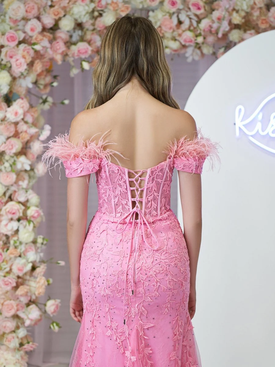 Mermaid Deep V Neck Feather Lace Long Prom Dress