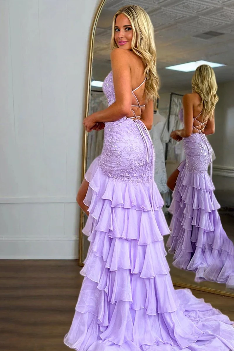 Lilac - Spaghetti Straps Mermaid Lace Appliqued Prom Dresses With Ruffles