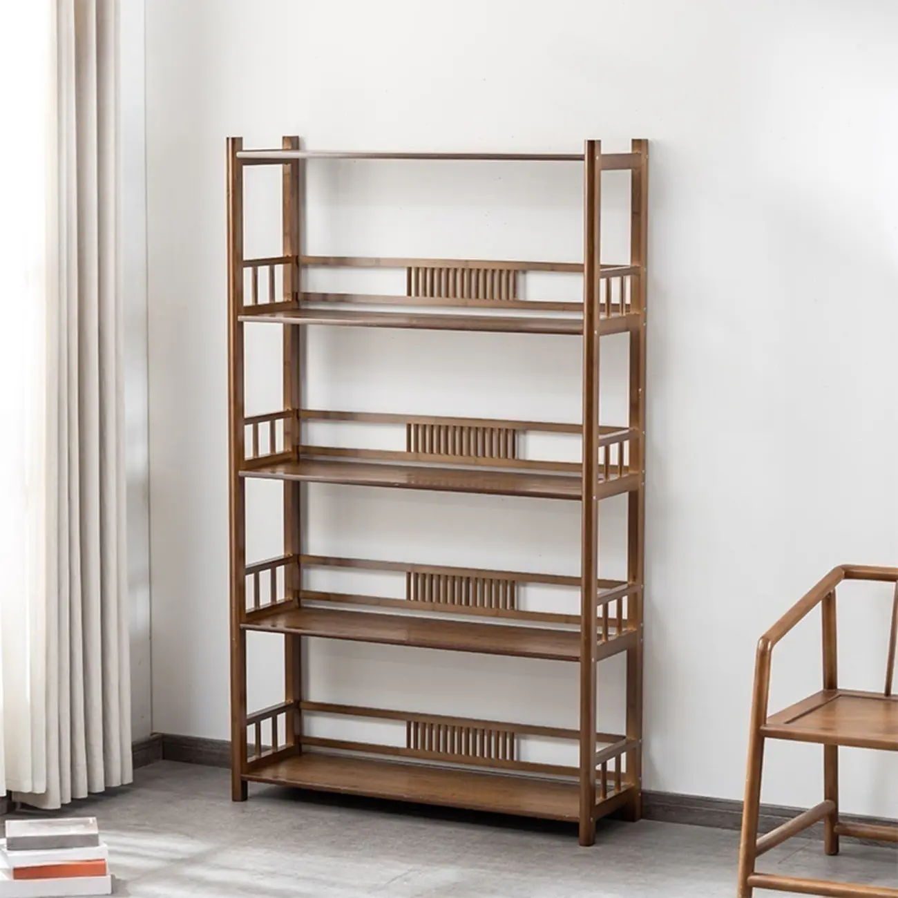 Vertical Modern 4-Tier Open Back Brown Wood Bookcase