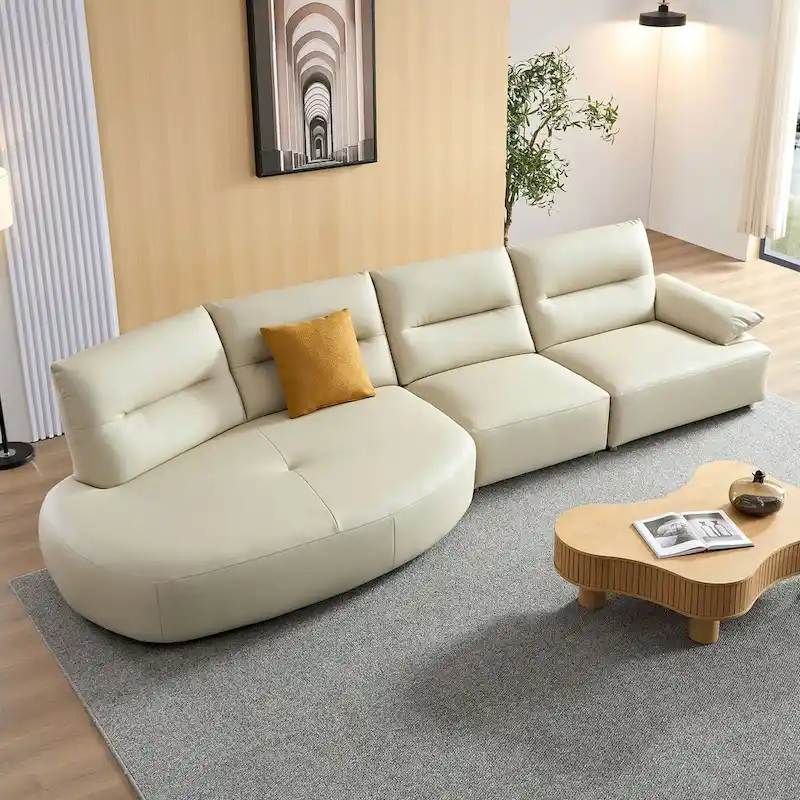 Leather Sectional Curved Sofa Couch, Upholstered 4-Seat for Living Room