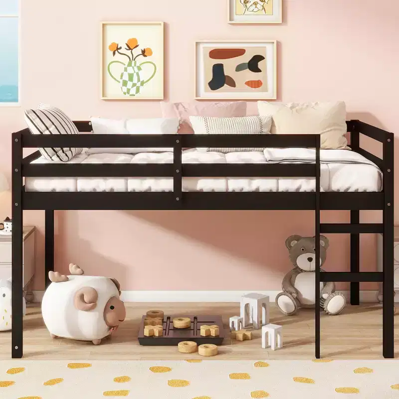 MAYEERTY Twin Loft Bed Solid Rubber Wooden with Ladder Bed Platform of Strengthened Slats Black