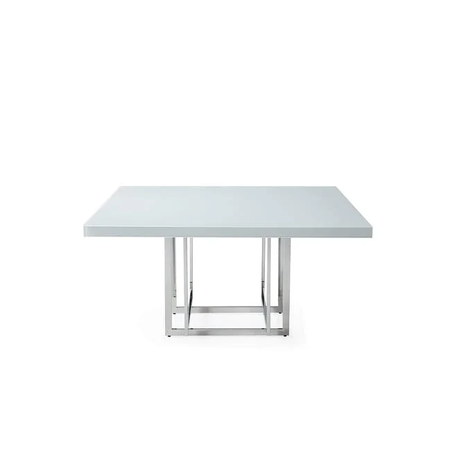 White Lacquer Square Dining Table with Metal Base, Silver/Gold, Seats 4