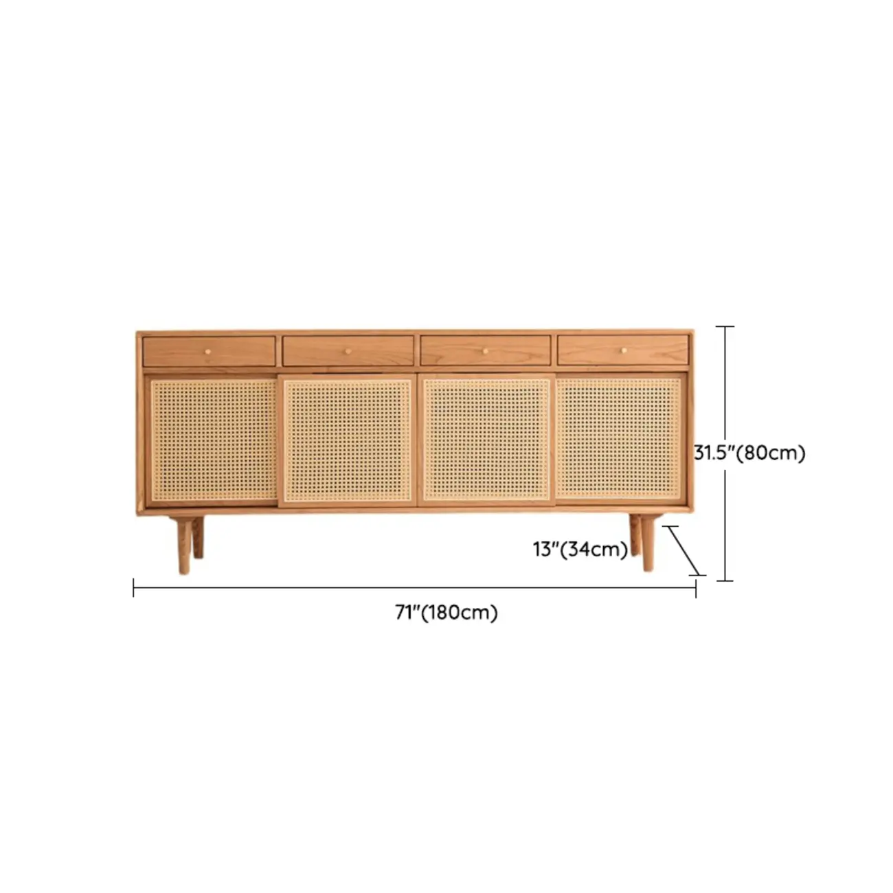 Scandinavian Natutal Wood Rattan Sideboard with Drawers