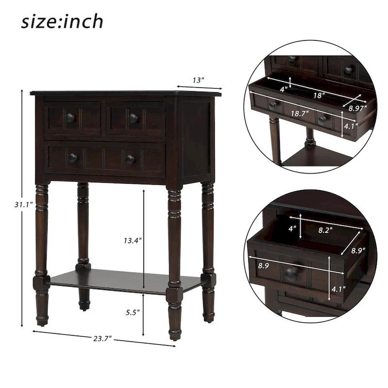 Narrow Slim Esspreso Console Table/Sofa Table with 3 Drawers and 1 Bottom Shelf - 23.7