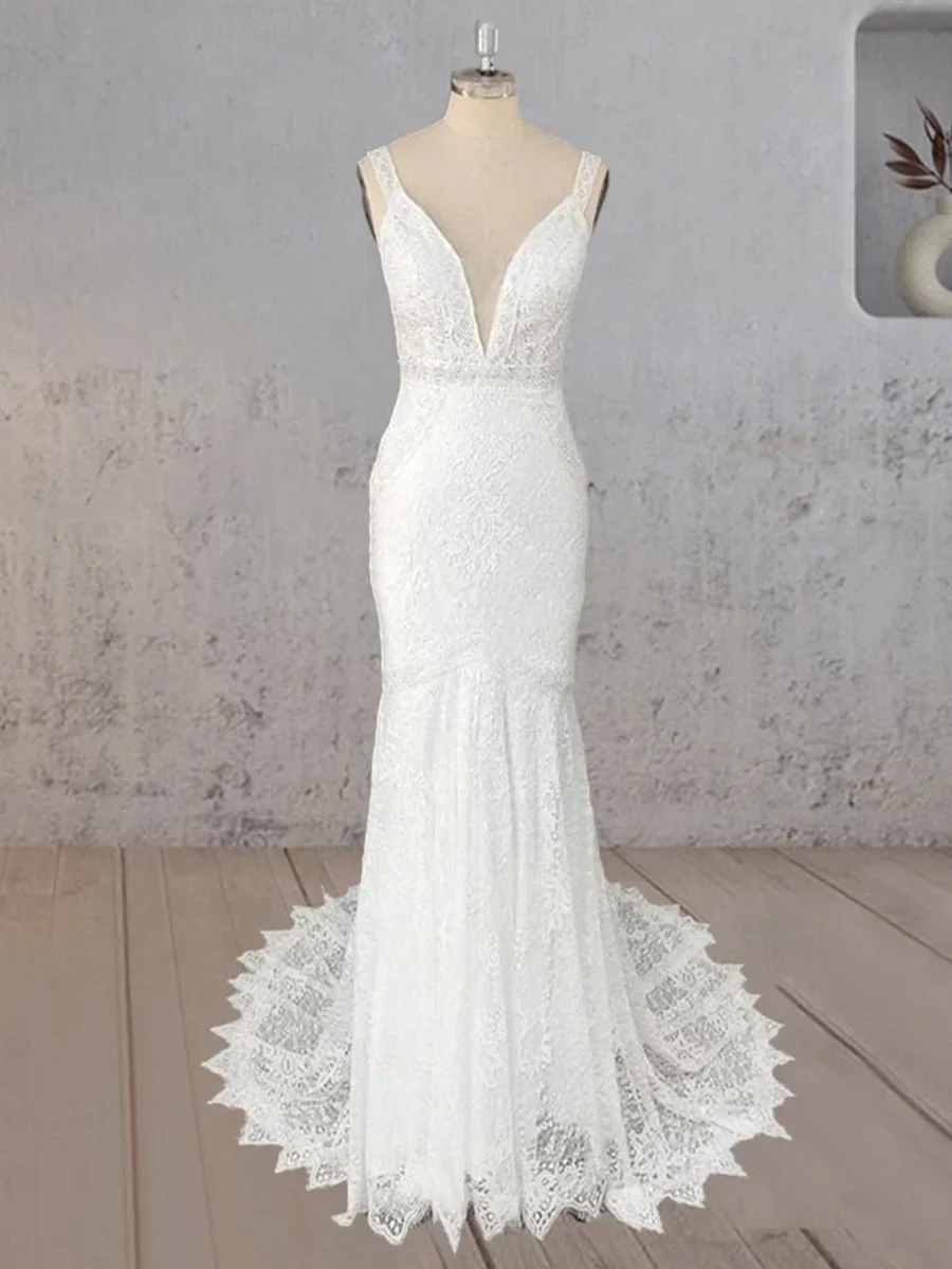 Mermaid White V Neck Illusion Wedding Dress
