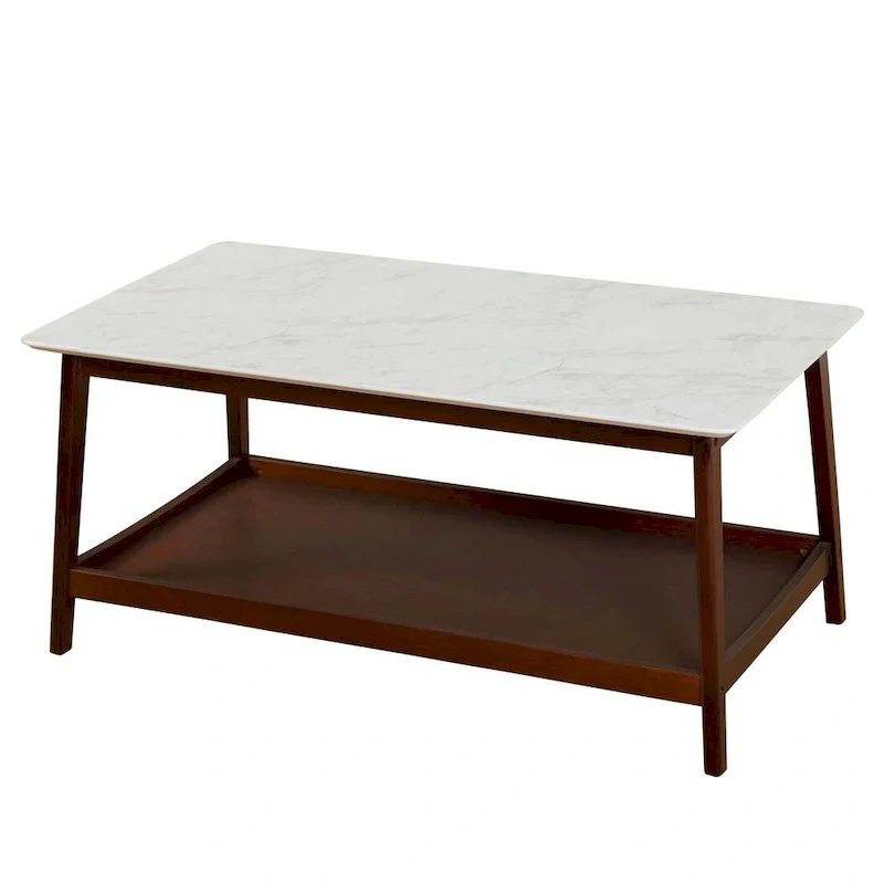 White Faux Marble Coffee Table with Walnut Legs