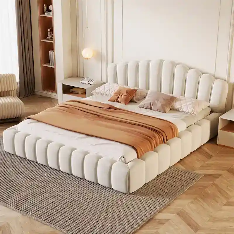 Velvet Upholstered Queen Floor Bed Low Profile Modern Bedroom