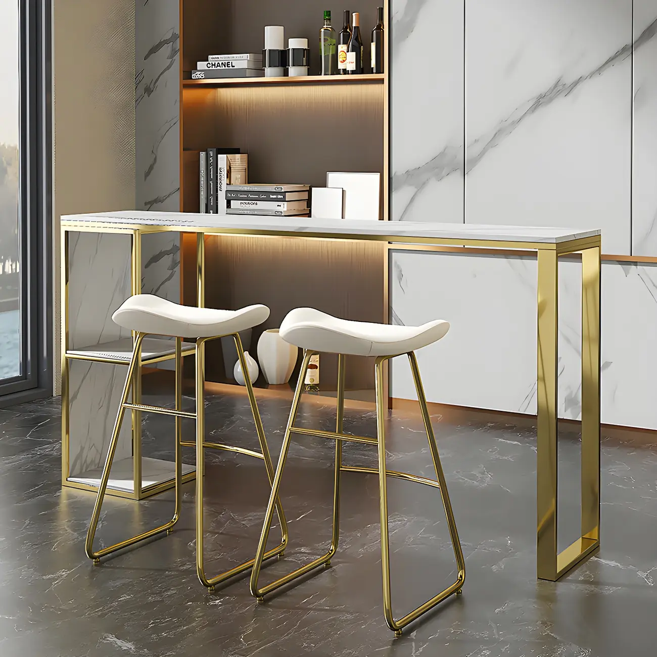 Modern White Faux Marble Iron Sled 2-Shelf Bar Tables