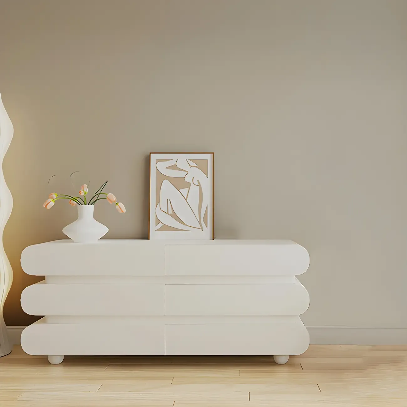 Glam White Oval Wooden Double Dresser with Soft Close Drawers