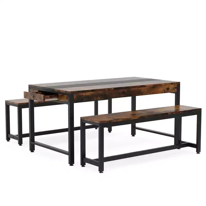 Tribesigns Dining Table Set, Kitchen Breakfast Table with 2 Benches & Sided Drawer for 4-6 People