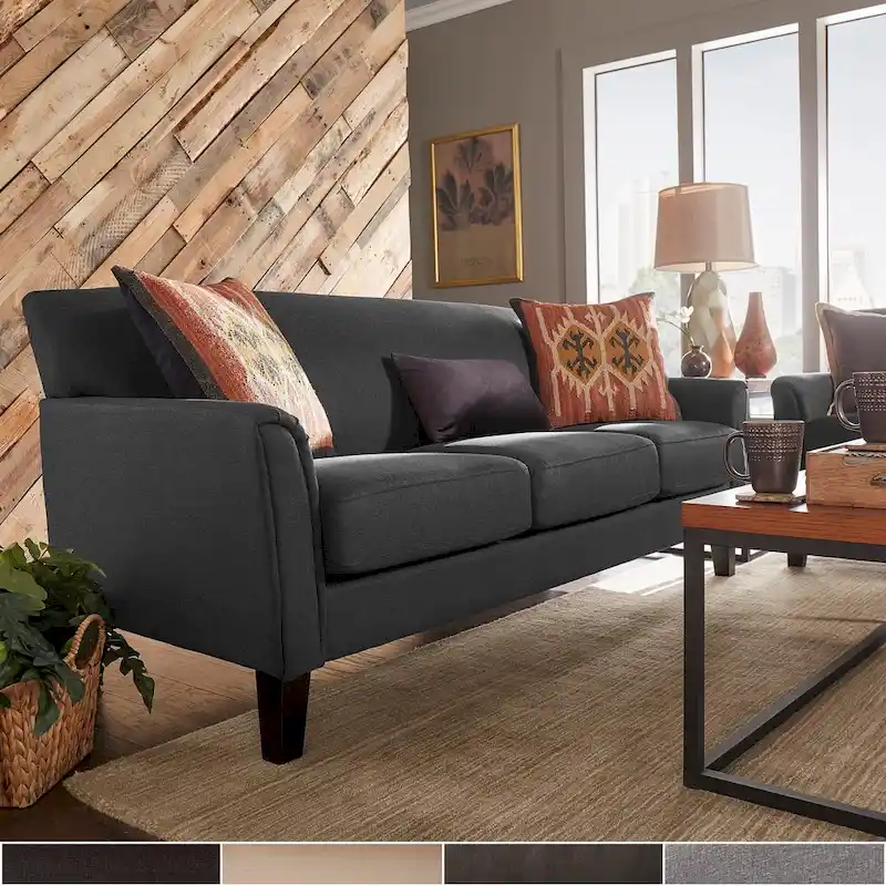 White / Dark Grey Linen Transitional Flared Arm Sofa with Removable Cushions - Fits 3 People