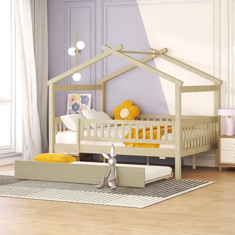 White/Walnut/Natural/Grey House-Shape Daybed with Twin Trundle, Full Size, for 2