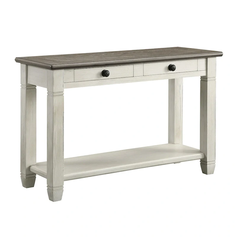 Rome 48 Inch Sofa Table, Rectangular, 2 Drawers, White, Brown, Solid Wood