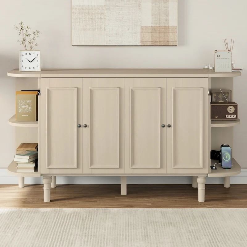 Farmhouse Murphy Bed Foldable Platform Bed Convertible Chest Cube Cabinet Bed with Curved Shelves and Charging Station