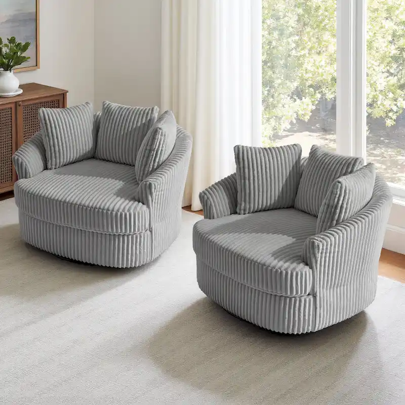 2 Set Recessed Arm Slipcovered Swivel Barrel Chair