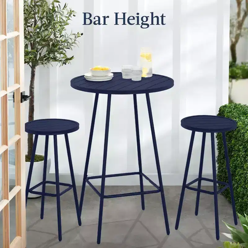 Best Choice Products 3-Piece Steel Patio Bar Height Round Bistro Set w/ Backless Stools, Slatted Design