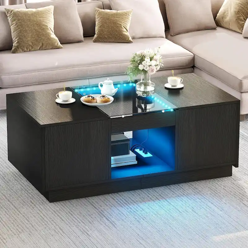 Modern Wood Coffee Table with Storage Drawers and LED Lighting