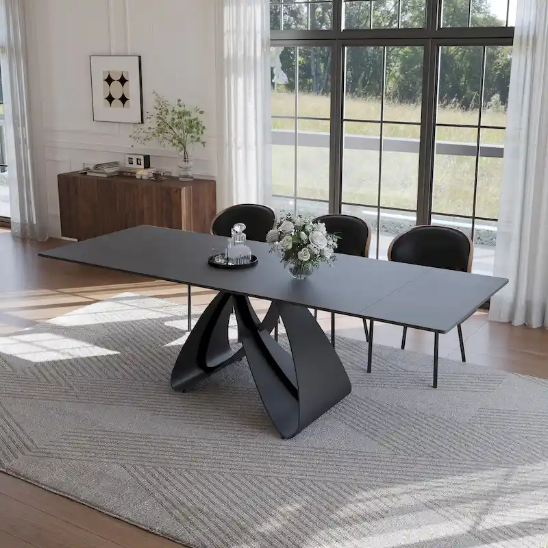 63-94Modern Extendable Dining Table for 6-10, Matte Black Kitchen Table with Black Carbon Steel Legs