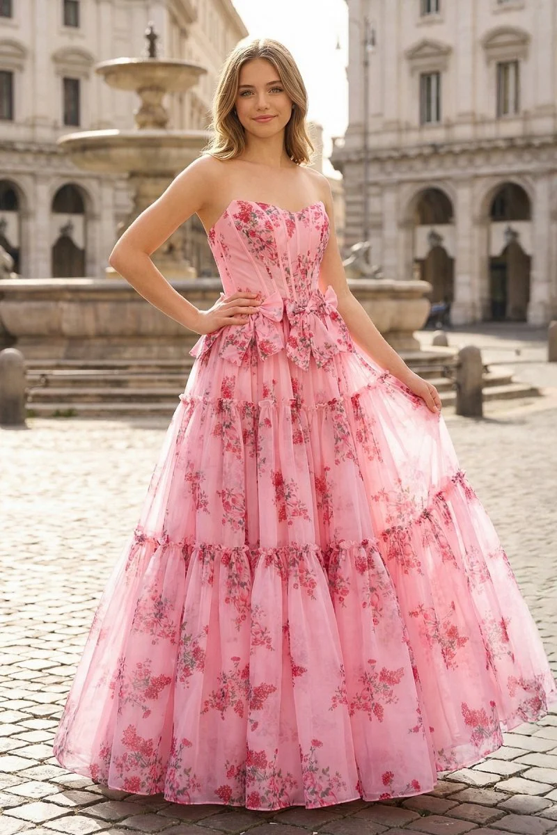 Pink Strapless Chiffon A Line Floral Tiered Prom Dress With Bow