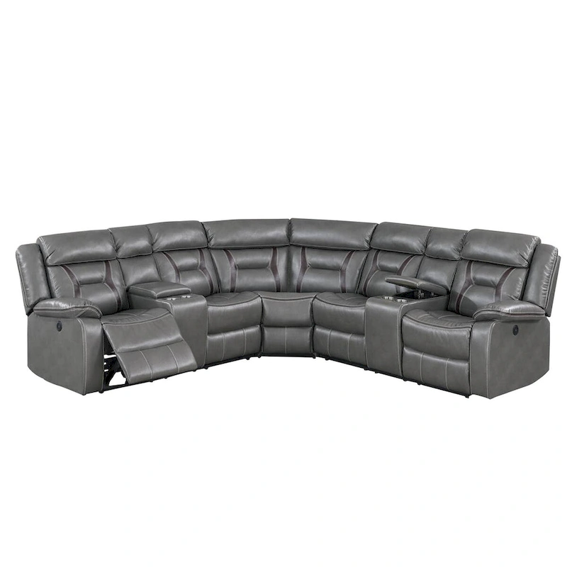 Lof Power Reclining Sectional Sofa Set, USB Port, Gray Gel Faux Leather
